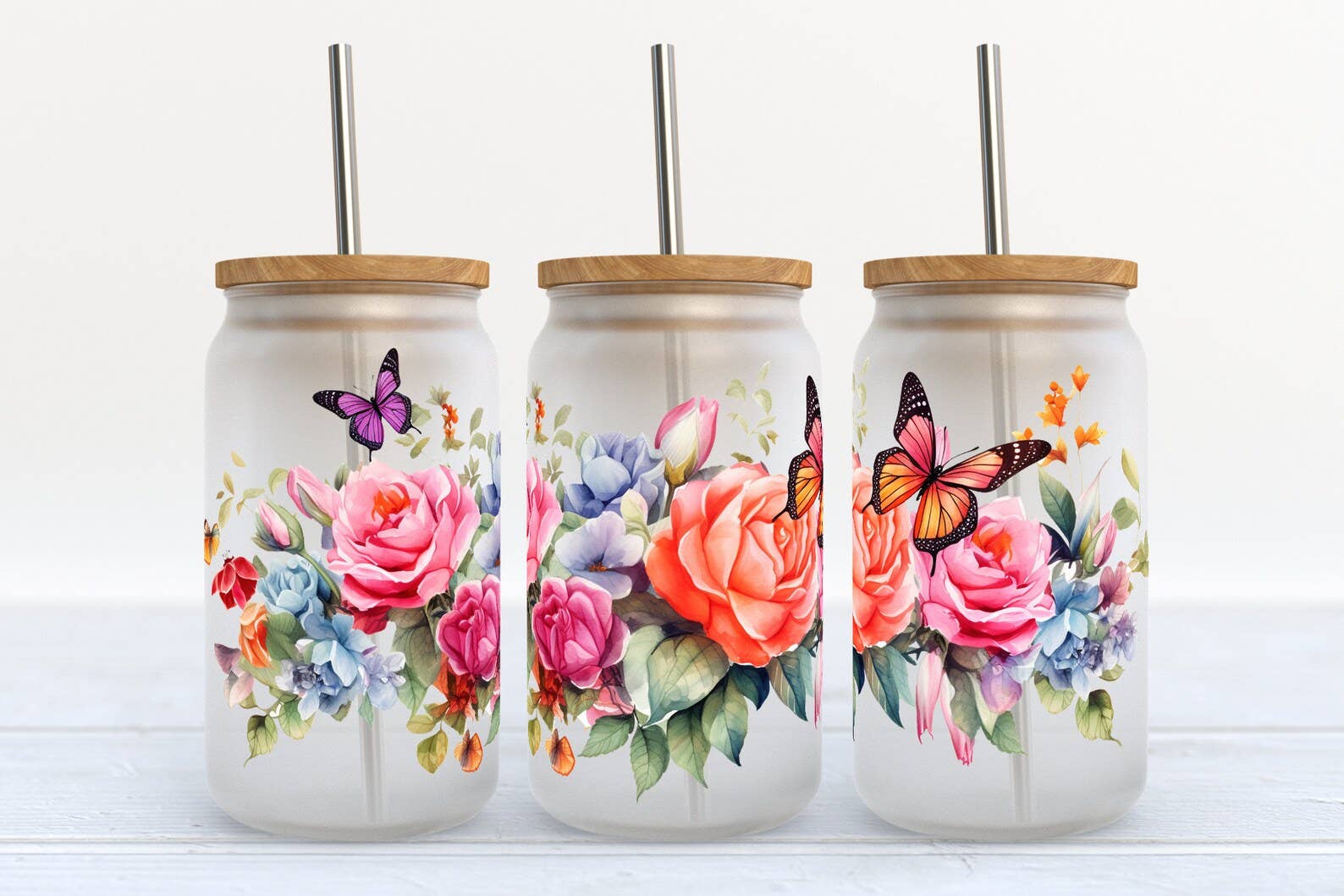 Colorful Roses And Butterflies 16oz Frosted Libbey 