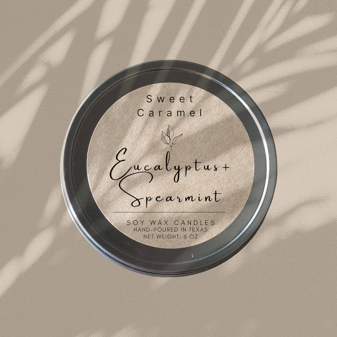 Sweet Caramel Eucalyptus & Spearmint Soy Candle - tins 8 oz