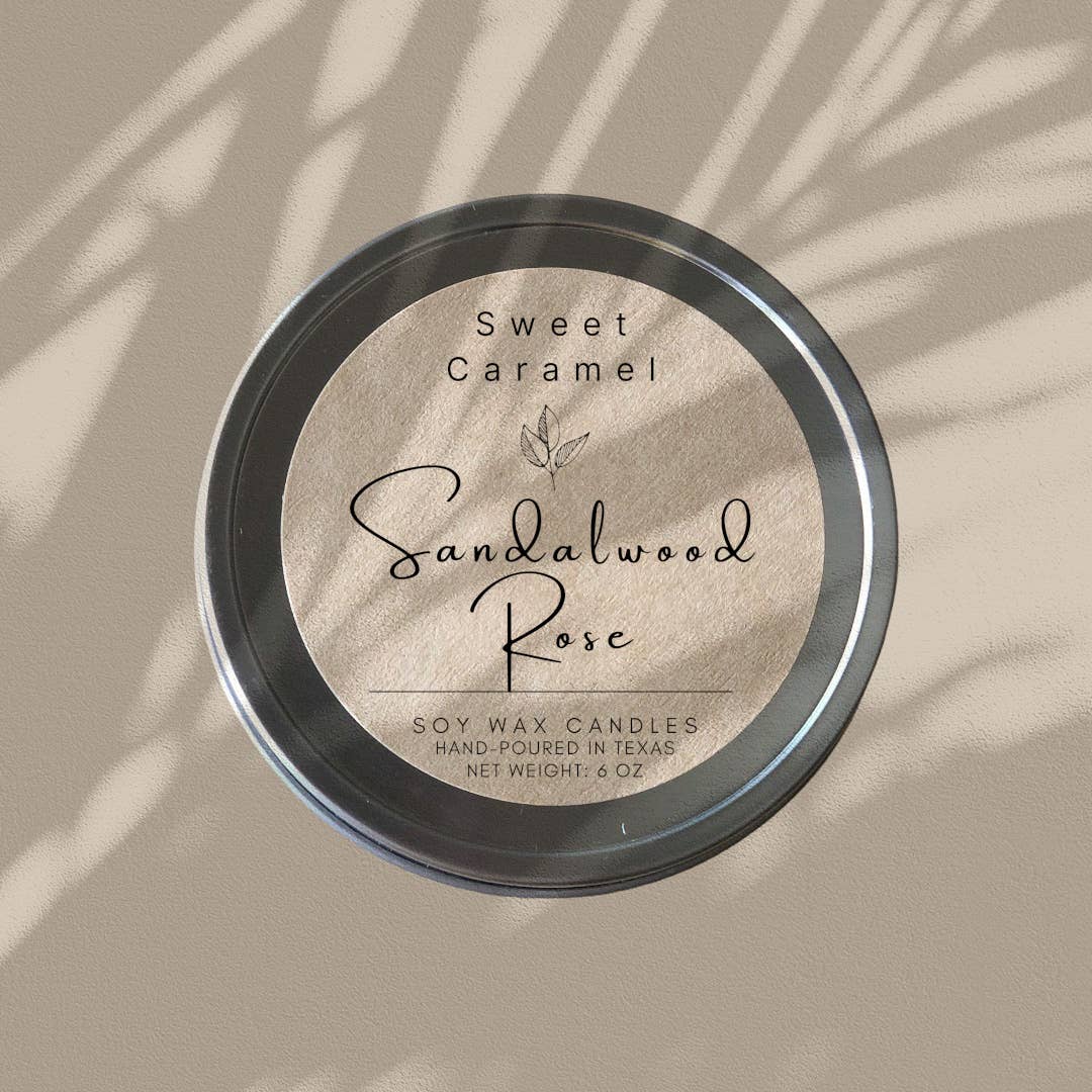 Sweet Caramel Sandalwood Rose Soy Candle - Tins 8 oz