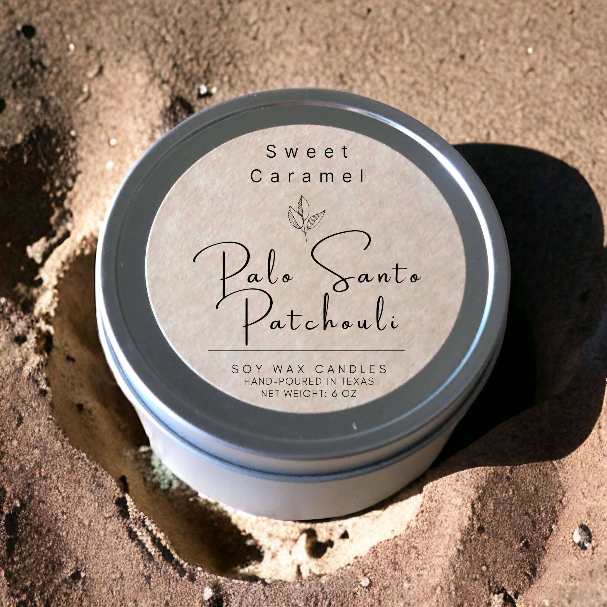 Sweet Caramel Palo Santo Patchouli Soy Candle - Tins 8 oz
