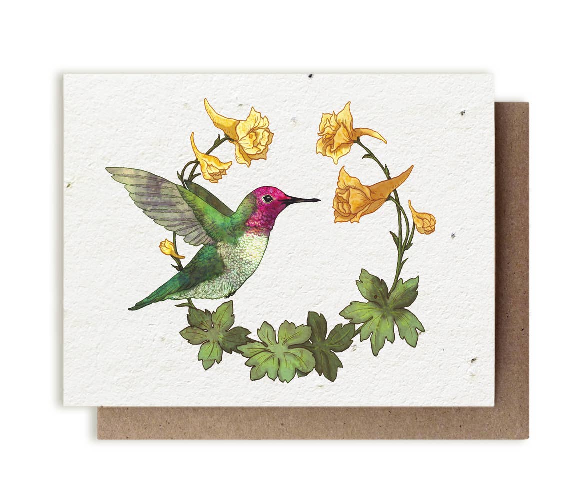 Anna's Hummingbird & Yellow Larkspur Plantable Herb Card