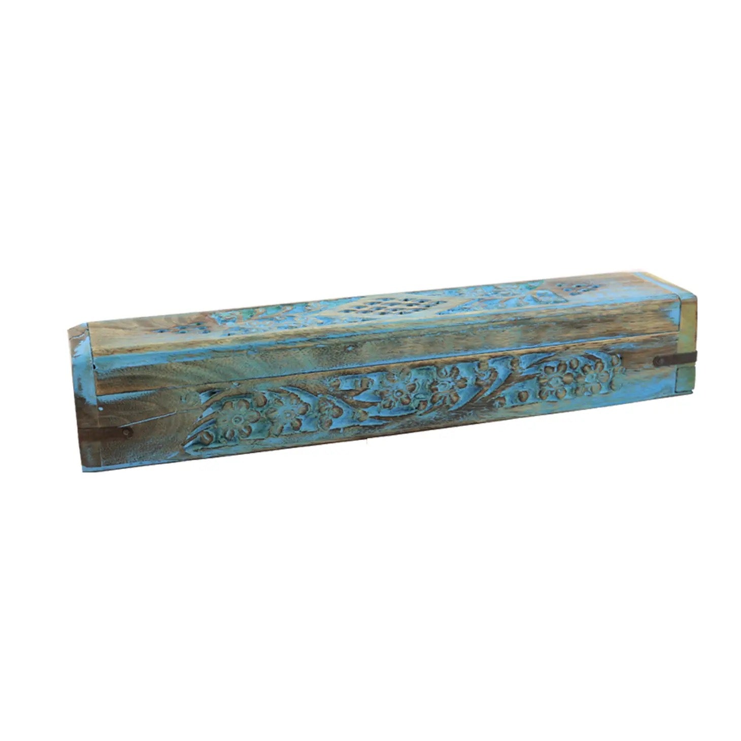 DESIGNS BY DEEKAY INC - Blue Floral Hand Carved Incense Wooden Coffin Box
