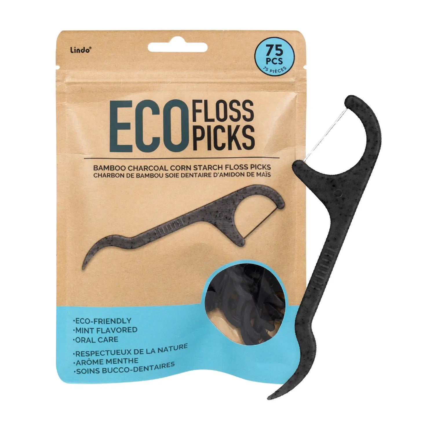 Lindo -Eco Floss Picks - Bamboo Charcoal - 75pcs/pk