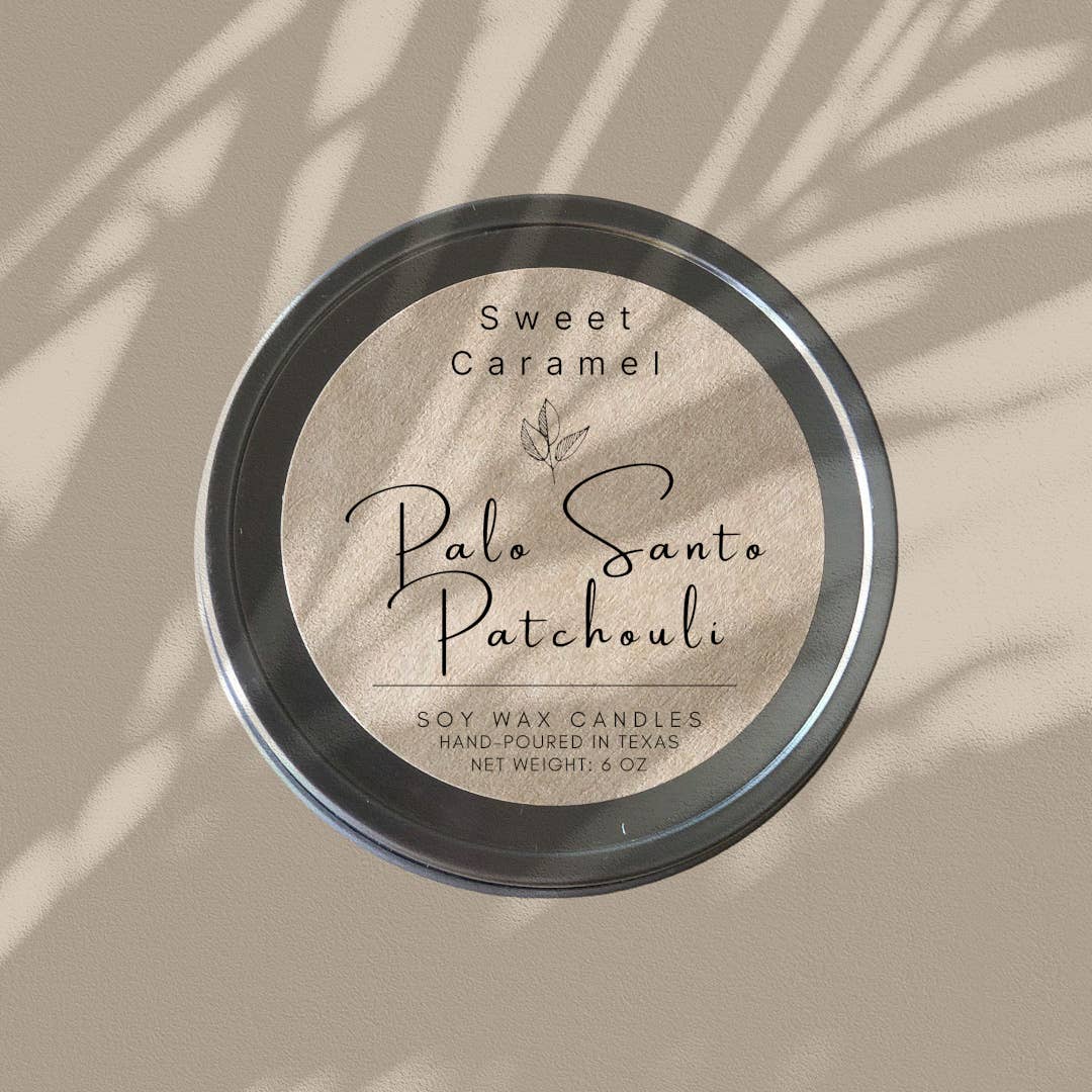Sweet Caramel Palo Santo Patchouli Soy Candle - Tins 8 oz