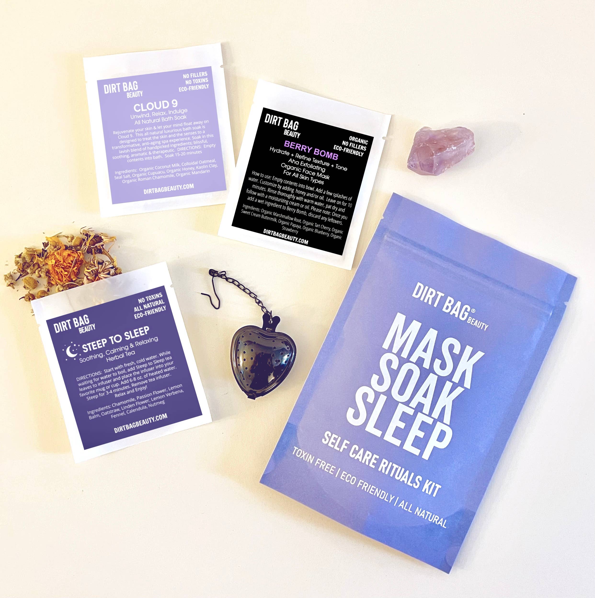 Dirt Bag - Self-Care Kit-Facial Mask, Bath Soak, Tea, Infuser, Amethyst